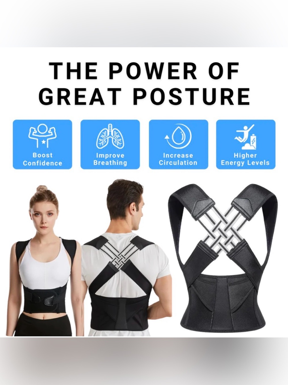 PWR Adjustable Black Posture Corrector Back Brace Large
